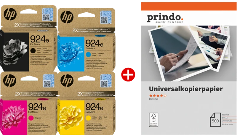 HP 924e Value Pack Schwarz/Cyan/Magenta/Gelb + Prindo Universal Papier