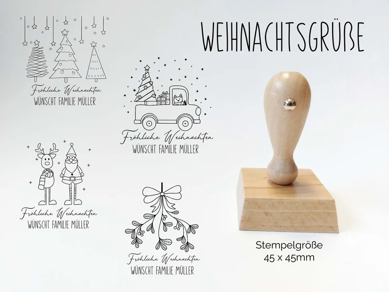 Frohe Weihnachten Stempel mit Name | Weihnachtsgrüße | verschiedene Motive | Holzstempel 45 x 45 mm