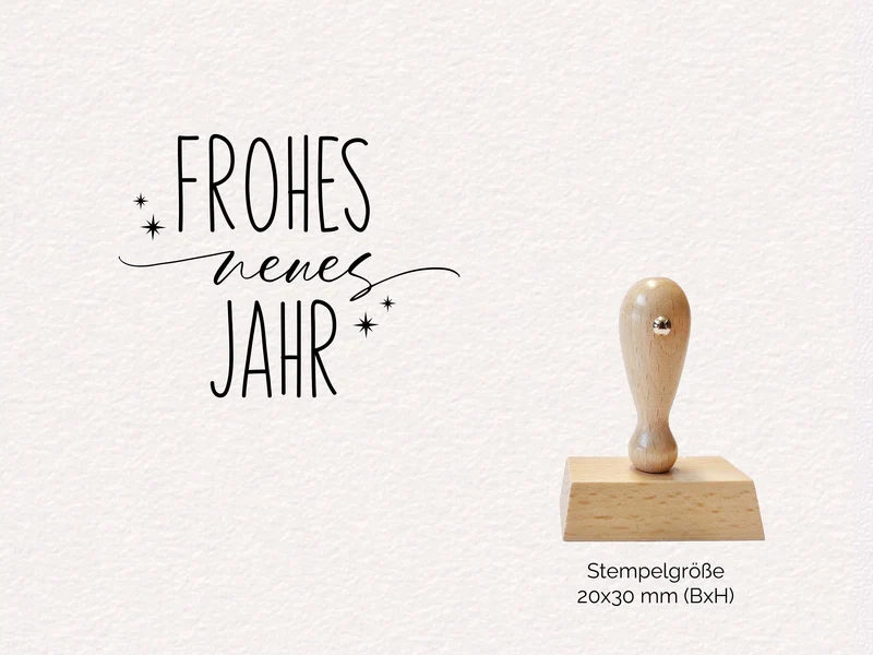 Frohes neues Jahr - Stempel | Format: 20x30 mm - Holzstempel | mit funkelnden Sternen